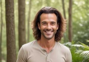 revive your crown - middle aged man with long, thick hair standing in a forest
