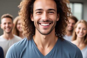 closeup image of a smiling young man with lush, curly hair and other young adults standing behind him, also smiling