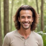 revive your crown - middle aged man with long, thick hair standing in a forest