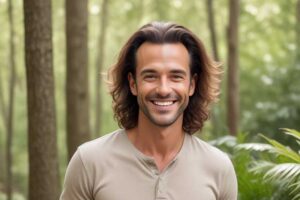 revive your crown - middle aged man with long, thick hair standing in a forest
