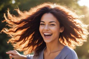 thickening beauty - woman with long, thick hair in the sunshine